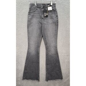 Lee Jeans Womens 2 Medium Black Denim High Rise Flare Raw Hem Distressed Preppy‎